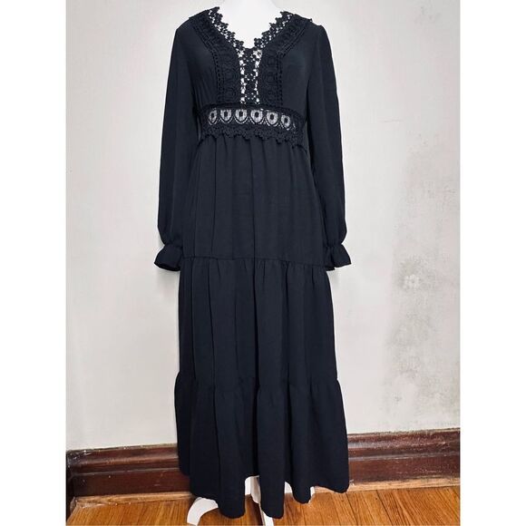 SHEIN Clasi Guipure Lace Insert Flounce Sleeve A-Line Dress - Picture 1 of 11